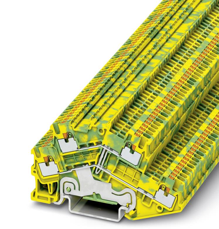 Ein Stapel gelb-grüner Kunststoffklemmen mit Metallkontakten. Die Klemmen haben farbige Markierungen und werden für elektrische Verbindungen verwendet.