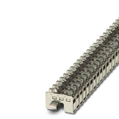 Ein silberner Metallkabelschuhblock mit mehreren Reihen von Steckverbindern für elektrische Verdrahtung, auf einem weißen Hintergrund.