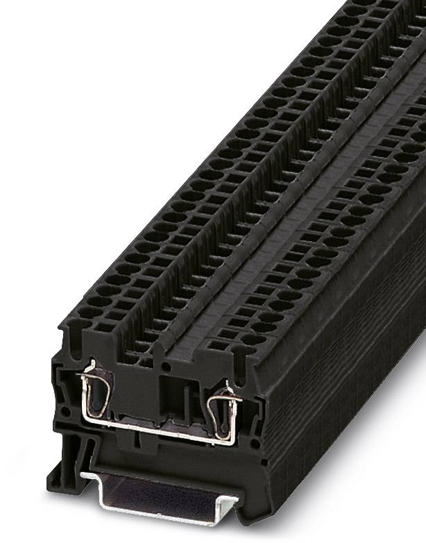 Schwarze Leiterplatte mit Reihen von Anschlüssen, geeignet für den Einsatz in elektrischen Schaltschränken oder Industriegeräten.