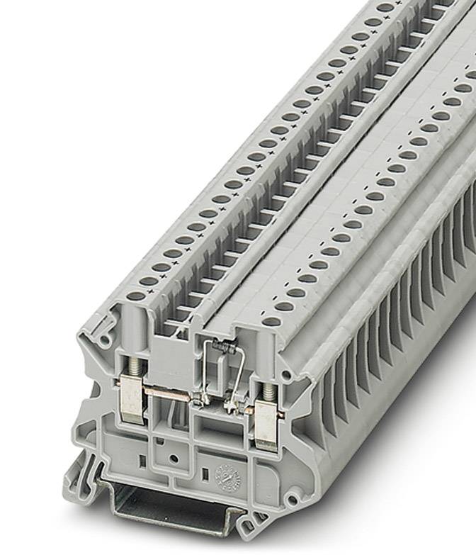Graue Reihenklemme mit mehreren Anschlussmöglichkeiten, geeignet für industrielle Anwendungen und Elektroschaltschränke.