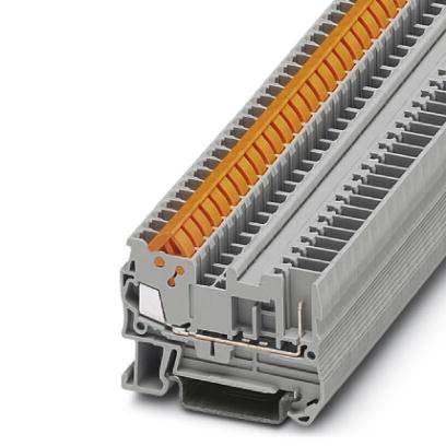 Klemmleiste in Nahaufnahme, zeigt einen grauen Kunststoffkörper mit einer Reihe von orangefarbenen Anschlussklemmen für elektrische Verbindungen.