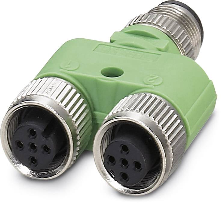 Ein grüner M12-Y-Adapter mit zwei weiblichen Steckverbindern und einem männlichen Stecker, verwendet in industriellen Anwendungen.