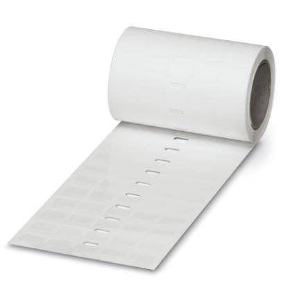 Eine Rolle mit weißen Etiketten mit abgerundeten Ecken, die auf einem hellen Hintergrund liegt. Die Etiketten sind teilweise abgewickelt.