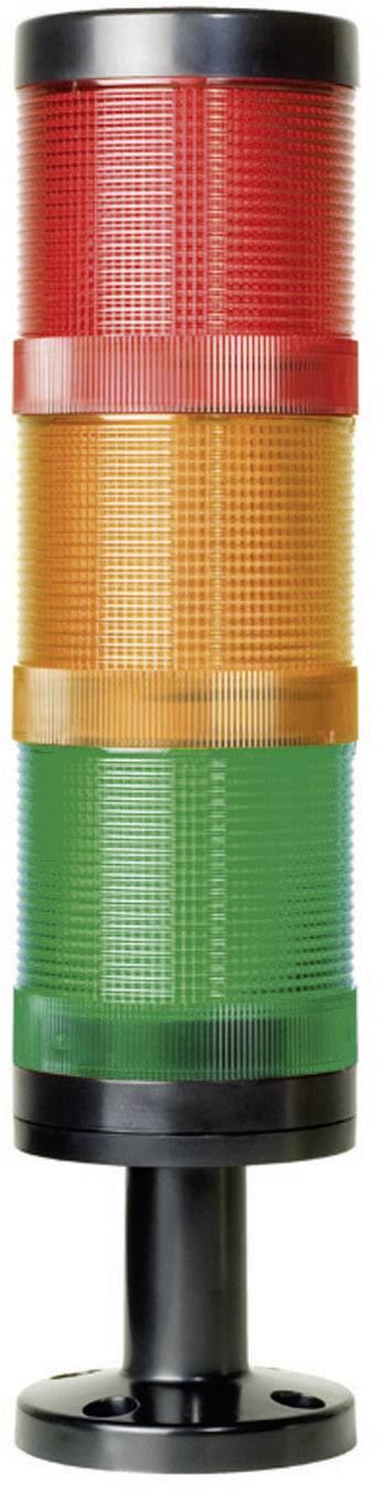 Eine mehrfarbige Signalleuchte mit drei leuchtenden Farben: oben rot, in der Mitte orange und unten grün.