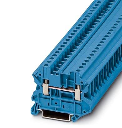 Eine blaue elektrische Anschlussklemme mit mehreren Einsteckmöglichkeiten für Kabel, geeignet für die Montage auf einer DIN-Schiene.