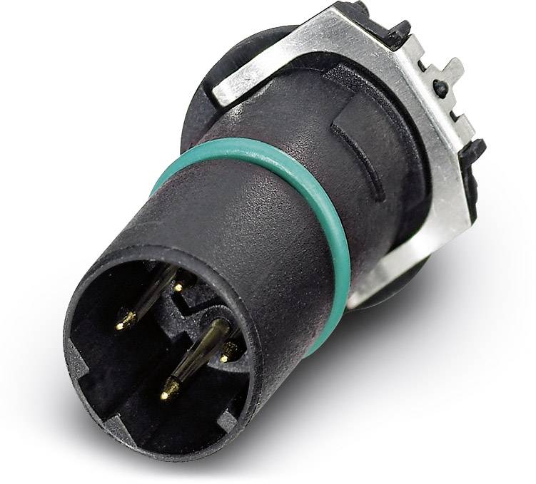 Ein schwarzer Steckverbinder mit drei Metallstiften und einem grünen Dichtungsring, wahrscheinlich für den Einsatz in Elektronik oder Technik.