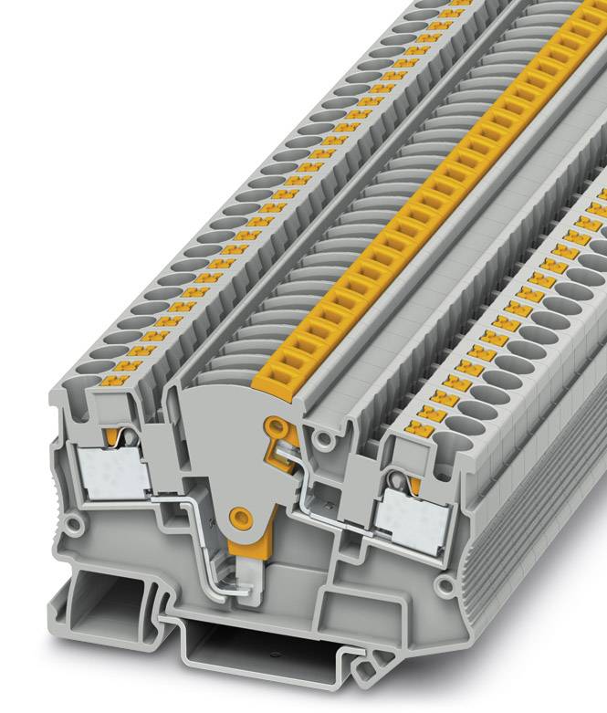Graue und orangefarbene Reihenklemme mit mehreren Ebenen und metallischen Kontaktstellen, zur Verbindung elektrischer Leiter.