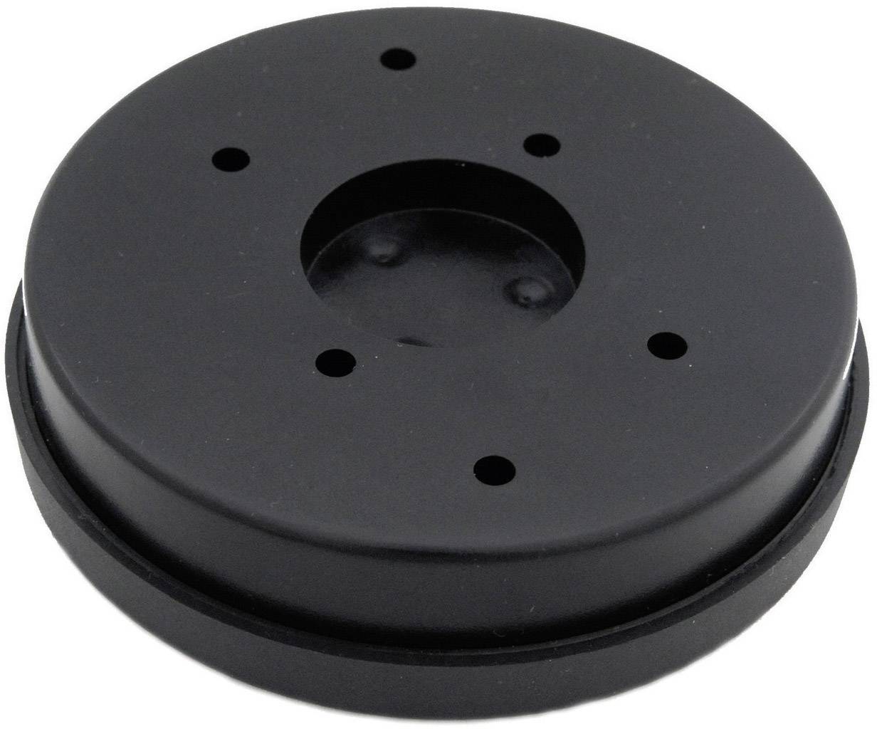 Schwarze, runde Kunststoffscheibe mit mehreren Löchern, wahrscheinlich Teil eines mechanischen Geräts oder einer Halterung.