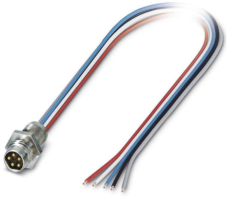 Ein mehradriges Kabel mit einem sechspoligen Stecker am Ende, die Adern in unterschiedlichen Farben.