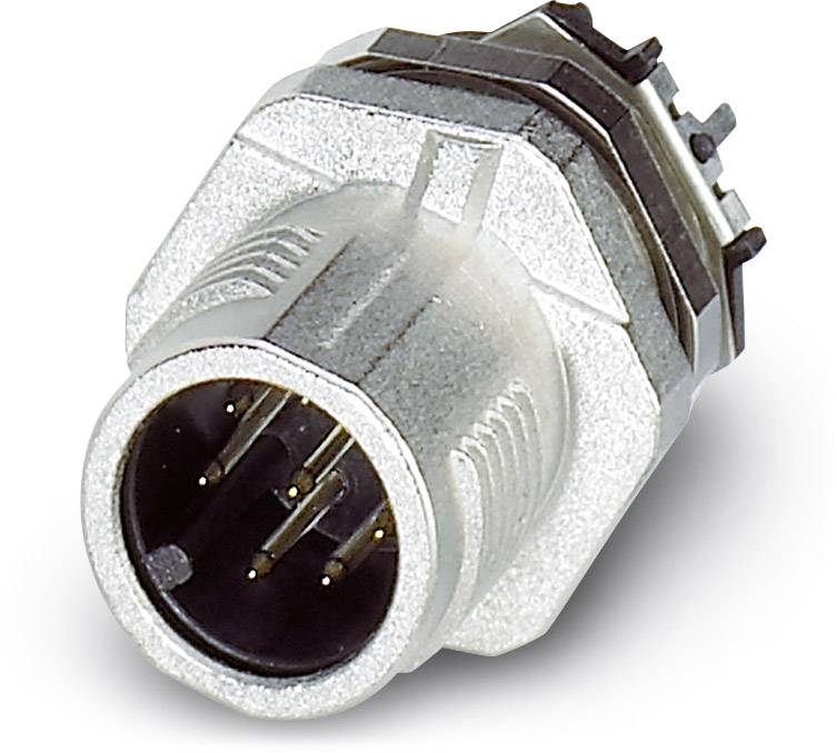 Runde Steckverbindung mit fünf Metallstiften, umgeben von einem metallischen Gehäuse und einer sechseckigen Aufnahme für die Montage.