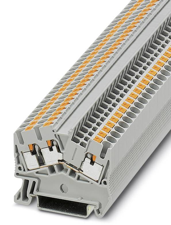 Elektrische Reihenklemme mit mehreren Anschlüssen, graues Gehäuse, orangefarbene Drähteinsätze, zur Befestigung auf Tragschienen.