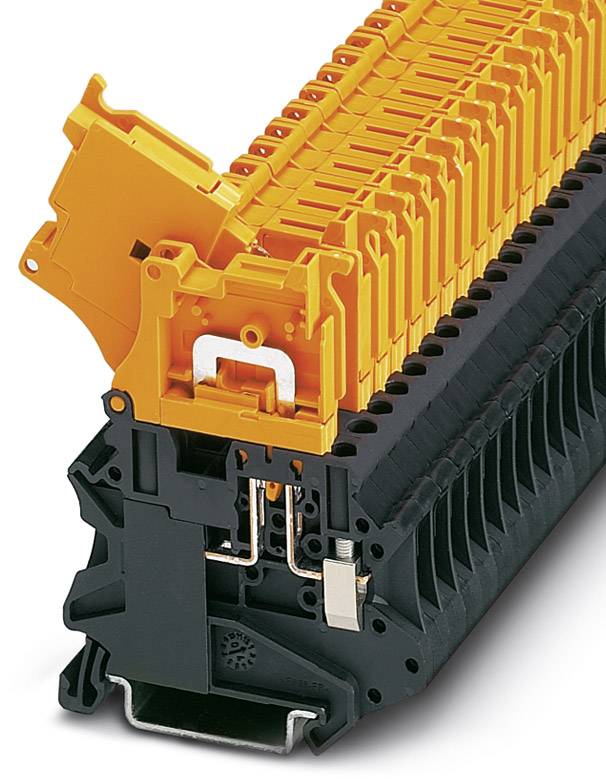 Ein Stapel von orangefarbenen und schwarzen elektrischen Klemmen, die in einer Reihe angeordnet sind. Sie zeigen Verbindungen und Anschlüsse.