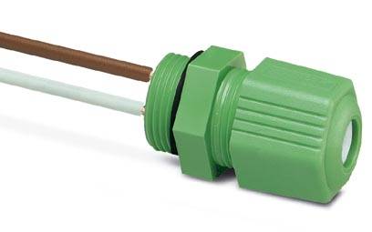 Ein grüner Kabelverbinder mit zwei Drähten, einem braunen und einem weißen, verbunden zur Isolierung und Stabilisierung.