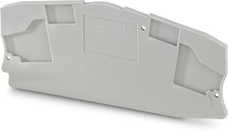 Graue, asymmetrisch geformte Abdeckung aus Kunststoff, Typ D-DTME 6 von Phoenix Contact, mit Bohrungen für Befestigung.