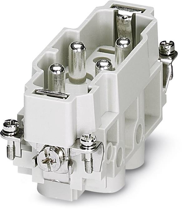 Abgebildet ist ein weißer, rechteckiger elektrischer Stecker mit Metallstiften und Schrauben zur Befestigung, geeignet für industrielle Anwendungen.