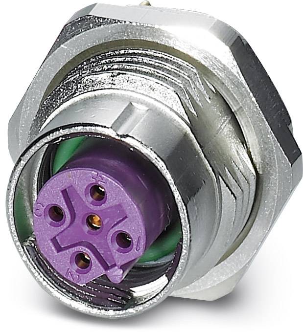 Sechspoliger, runder elektronischer Steckverbinder in Metallgehäuse mit lila farbigen Pins, meist zur industriellen Nutzung.