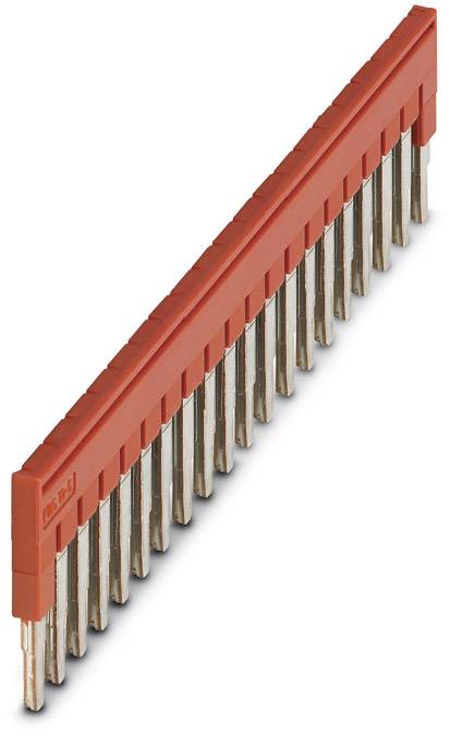 Ein roter Brückenkamm mit mehreren Metallpins, verwendet zur elektrischen Verbindung in Schaltschränken.