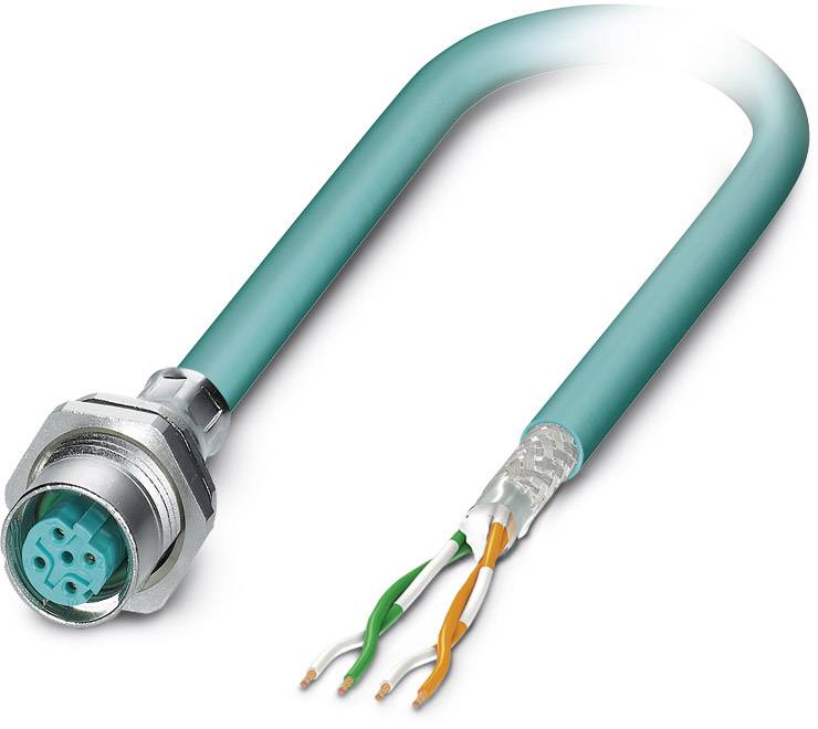 Ein grünes Ethernet-Kabel mit offenliegenden Adern und einem Metallstecker, geeignet für industrielle Netzwerkanwendungen.