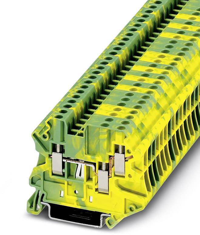Gelbe und grüne Reihenklemme mit Anschlüssen in einem industriellen Elektrotechnik-Kontext, zur Montage auf Hutschiene geeignet.
