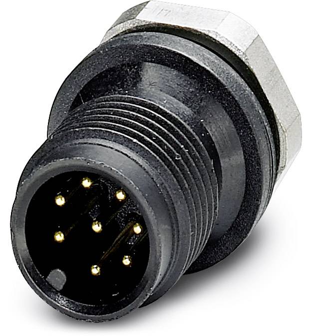 Ein schwarzer, runder, elektrischer Stecker mit sechs goldfarbenen Pins an der Vorderseite, umgeben von einem silbernen Ring.