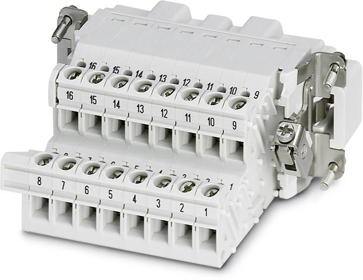Ein weißer Klemmenblock mit 16 nummerierten Anschlüssen zur elektrischen Verbindung, Schraubklemmen und Metallbefestigungen an den Seiten.