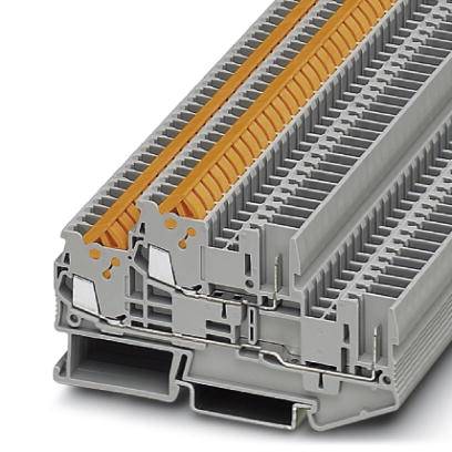 Dreistöckige graue und orangefarbene Reihenklemme für elektrische Verbindungen, zeigt das modulare Design und die Kontaktpunkte.