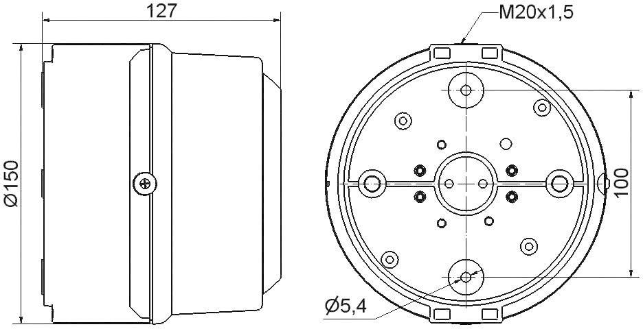 Technische Zeichnung einer runden Montagebox mit Durchmesser- und Höhenangaben. Links Seitenansicht, rechts Draufsicht mit Befestigungslöchern.