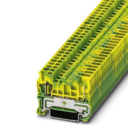Gelb-grüner Steckklemmenblock mit Metallanschluss. Hauptsächlich im Elektroinstallationsbereich für sichere Verbindungen verwendet.
