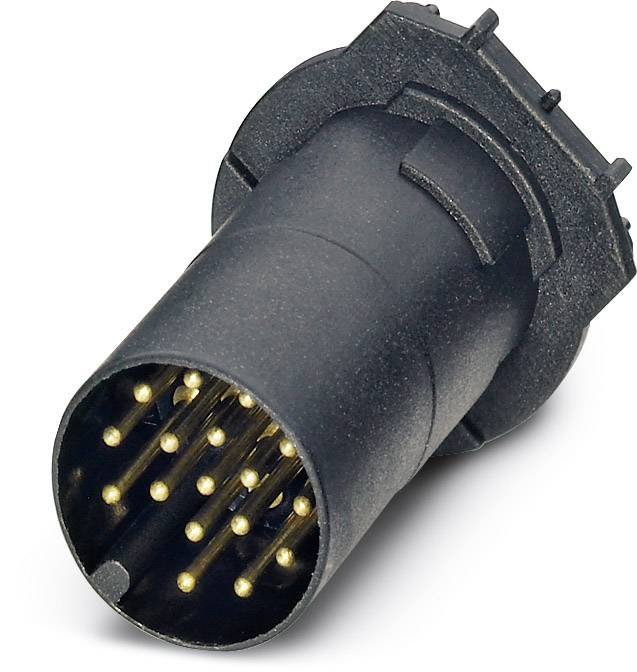 Ein schwarzer, zylindrischer elektrischer Stecker mit mehreren goldenen Stiften, verwendet zur Verbindung in elektronischen Geräten.