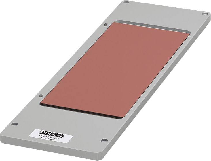 Graue Bodenplatte aus Metall mit rotem Rechteck in der Mitte. Unten links befindet sich ein Aufkleber mit einem schwarzen Logo und Text.