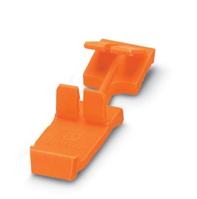 Ein orangefarbener Kunststoffstecker mit zwei senkrechten Steckelementen, geeignet zum Verriegeln von elektrischen Verbindungen.