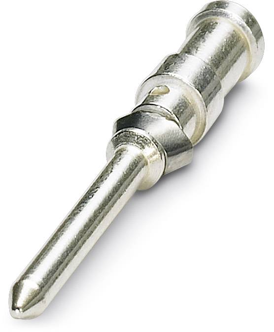 Ein silberner Metallstift mit geriffeltem Ende, verwendet für elektrotechnische Verbindungen oder Steckverbindungen.
