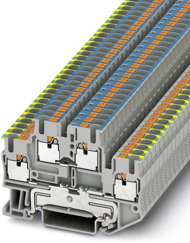 Mehrstufige elektrische Reihenklemmen mit verschiedenen farbigen Anschlusspunkten, die für den Anschluss von Leitungen in Schaltschränken verwendet werden.