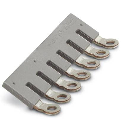 Ein graues Sammelschienen-Stück mit fünf Metallklemmen, die zur elektrischen Verbindung und Verteilung in Schaltschränken dienen.