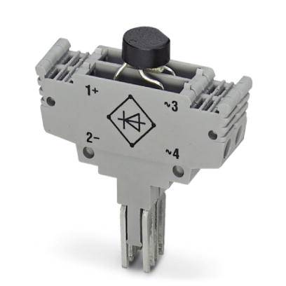 Graues elektrisches Bauteil mit Symbol einer Diode in der Mitte, mehreren Anschlussklemmen und einem runden schwarzen Element oben.