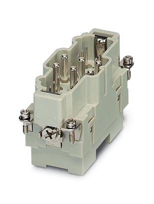 Ein rechteckiger, grauer Steckverbinder mit mehreren silbernen Pins, geeignet für industrielle Anwendungen.