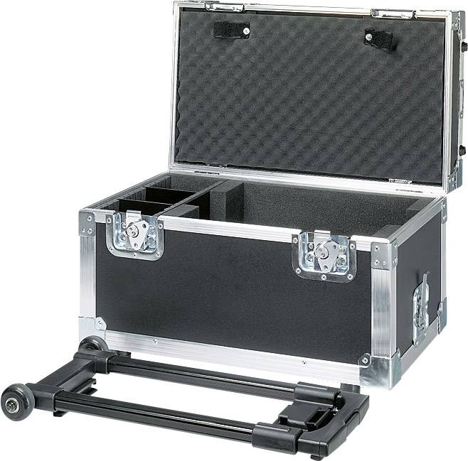 Offener schwarzer Transportkoffer aus Metall mit Schaumstoff-Auskleidung, zwei Fächern und einem angebrachten Radgestell.