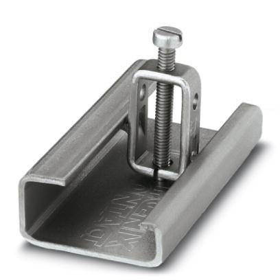 Metallklemme mit Schraube zum Befestigen von Materialien. Sie hat eine U-Form und ist aus Stahl gefertigt.