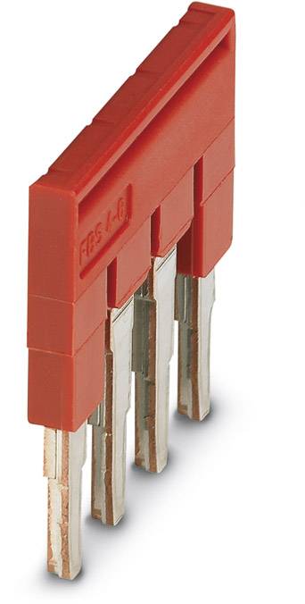 Roter Brückenkamm mit vier Metallstiften, geeignet zur elektrischen Verbindung von Komponenten in einer Schaltanlage.