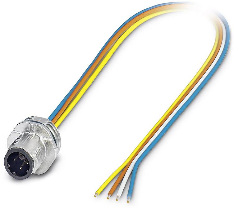 Ein Kabelstecker mit vier farbigen Drähten: gelb, orange, blau und weiß. Hauptnutzung in elektronischen Verbindungen.