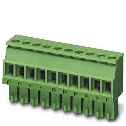 Ein grüner Steckverbinder mit mehreren Anschlussklemmen, geeignet für elektrische Schaltungen oder modulare Verbindungen.