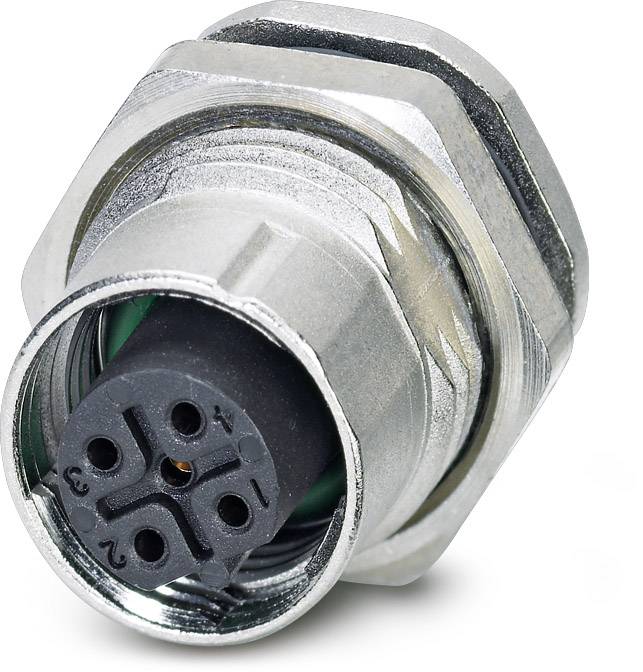 Ein silberner, sechseckiger Metallstecker mit schwarzer Innenseite und sechs Anschlusslöchern, verwendet für elektrische Verbindungen.