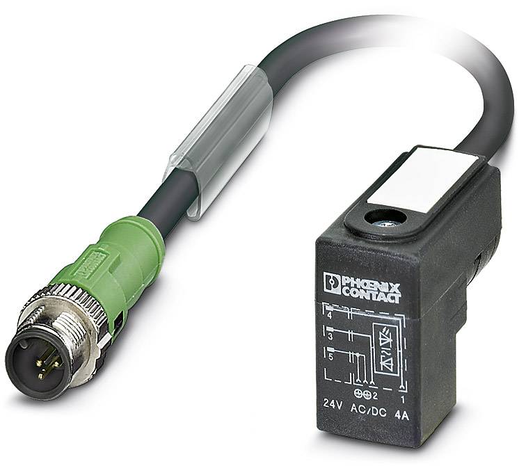 Ein elektrischer Adapter mit einem grünen Steckverbinder und einem schwarzen Gehäuse. Beschriftet mit 'PHOENIX CONTACT' und '24V AC/DC 4A'.