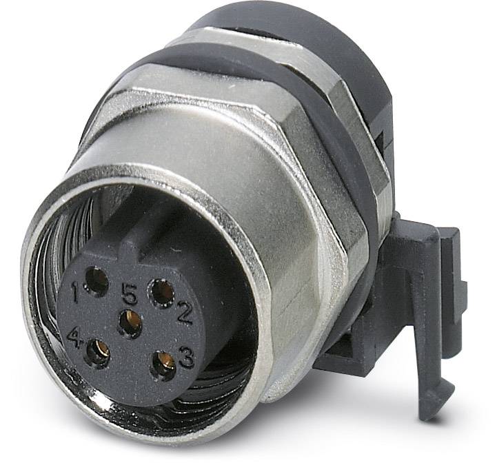 Ein elektrischer Rundsteckverbinder mit fünf nummerierten Pins und Schraubgewinde, geeignet für industrielle Anwendungen.