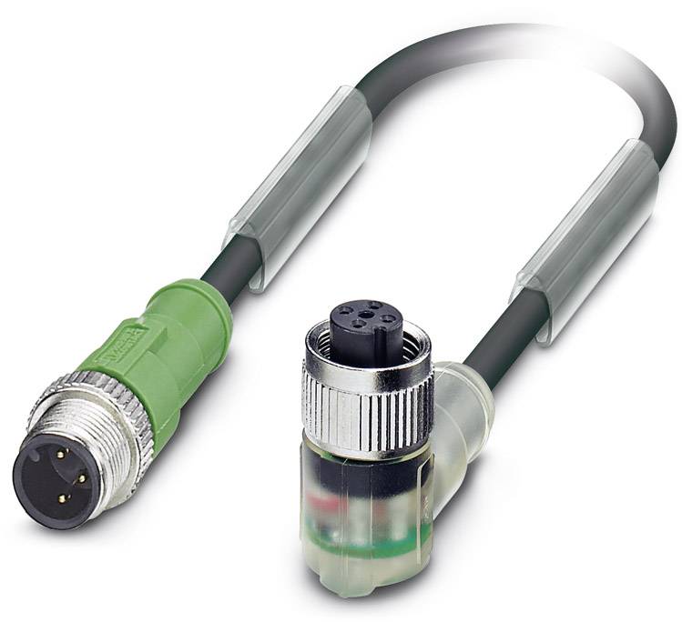 Ein schwarzes Kabel mit grünen und silbernen Steckern an beiden Enden. Links ein 4-poliger Stecker, rechts ein verbundener Kupplungsstecker.