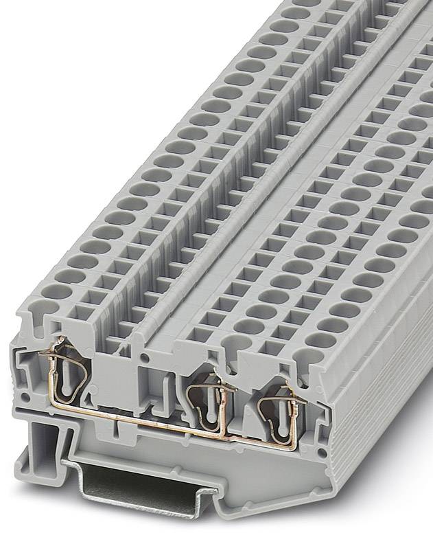 Elektrische Reihenklemme mit mehreren Anschlüssen, grau, Seitenansicht. Verwendet in Schaltschränken zur Verbindung von Drähten.