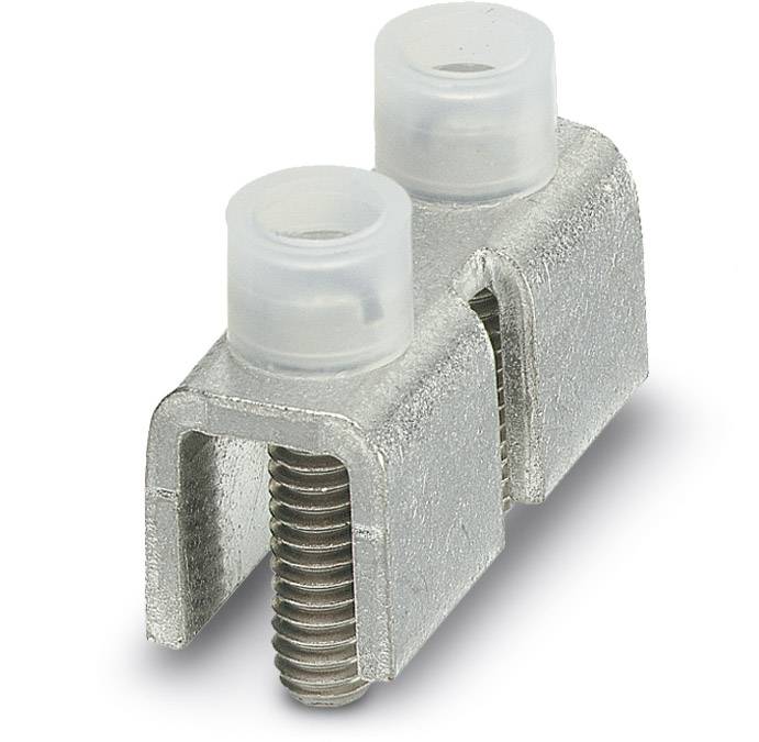 Eine metallene Kabelschelle mit zwei Kunststoffdeckeln, geeignet zur Befestigung von Elektrokabeln auf Oberflächen.