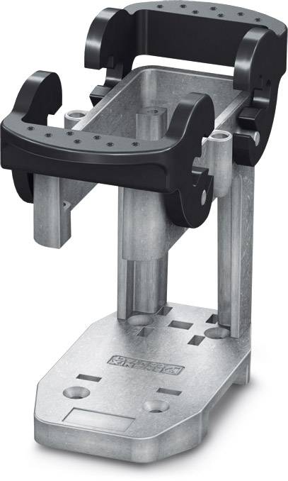 Metallhalterung mit schwarzen Kunststoffgriffen, geeignet zur stabilen Befestigung von Geräten oder Werkzeugen auf einer Arbeitsfläche.