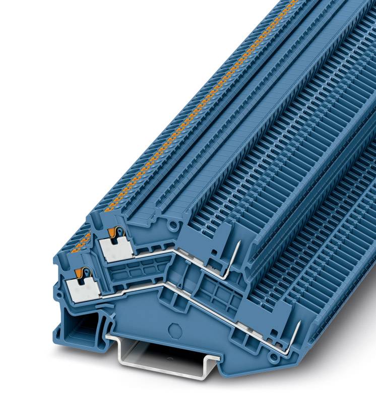 Ein blauer, modularer Steckverbinder in dreieckiger Form, mit orangefarbenen Elementen und mehreren Steckplätzen. Geeignet für elektrische Verbindungen.