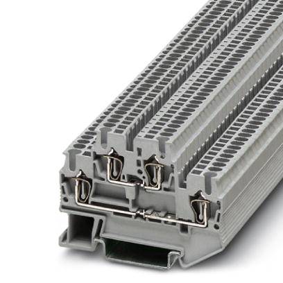 Ein grauer Reihenklemmenblock mit mehreren Anschlussstellen, verwendet zur sicheren Verbindung von elektrischen Leitungen in Schaltschränken.